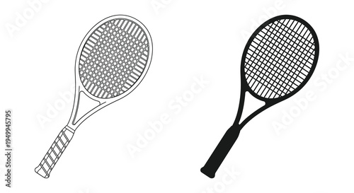 A simple black and white illustration depicting two tennis rackets one with a detailed string pattern and another solid high quality