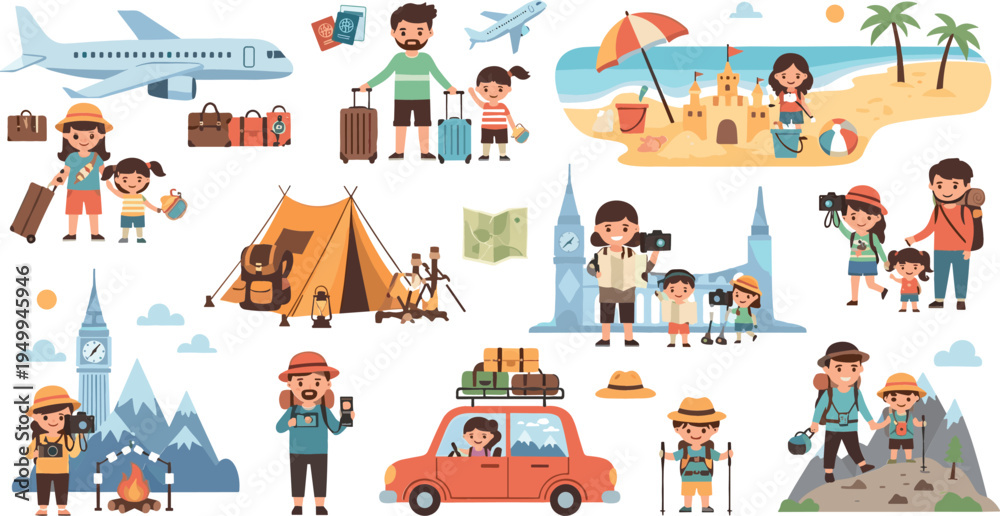 Fototapeta premium Family Travel and Vacation Activities Illustration Set Featuring Airplane Journey, Beach Holiday, Camping Adventure, Photography Tours, Road Trip, Hiking and Tourism Lifestyle Scenes