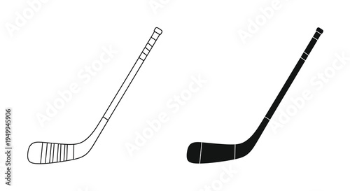 A simple illustration depicts two hockey sticks in contrasting black and white showcasing their curved blades and long shafts