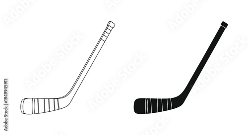 A simple illustration showcases two hockey sticks one in a light outline and the other in solid black side by side