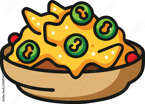 Cartoon style nachos with jalapenos and cheese Keywords: nachos, tortilla chips, cheese, melted