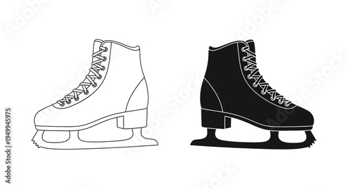A pair of ice skates are depicted in a black and white line drawing showcasing a contrasting light and dark illustration