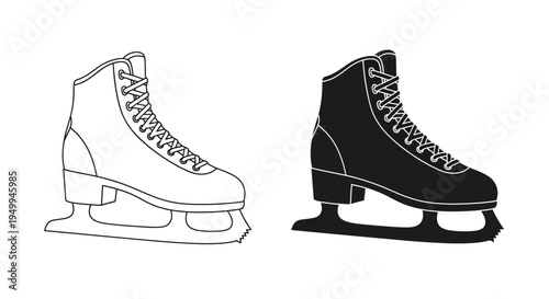 A pair of ice skates are illustrated in black and white showcasing both a light and dark representation of the footwear