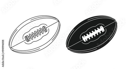 A pair of american footballs are displayed one as a line drawing and the other fully shaded in black