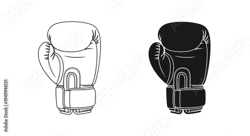 A pair of black and white boxing gloves are depicted in a simple graphic illustration showcasing their form and detail