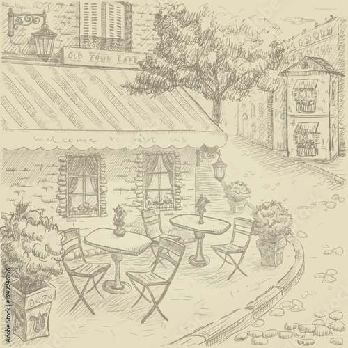 Hand drawn old town street cafe terrace with small tables, chairs, lanterns and flower pots near vintage buildings and trees. Vector illustration for restaurant menu, travel poster, city guide or tour