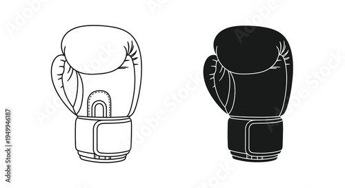 A pair of boxing gloves are depicted in a dual tone black and white illustration showcasing contrast and sporting equipment