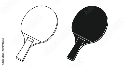 A pair of table tennis paddles are depicted in contrasting black and white outlines showcasing their symmetrical design and handle