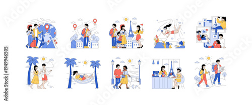 Travel Adventures Vector Illustration with Couples and Families