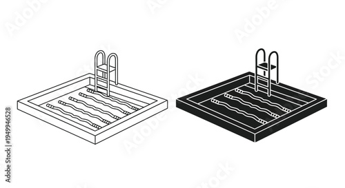 A minimalist illustration depicts two nearly identical swimming pools one light and one dark with ladders and wavy water