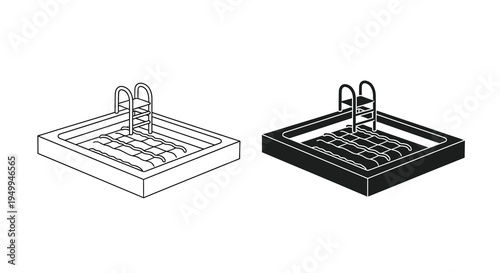 An isometric illustration showcases two swimming pools one light and one dark both featuring ladders and textured water