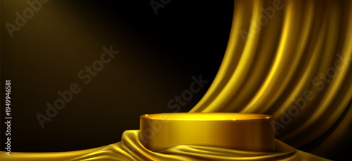 Luxury gold podium with flowing satin fabric curtain on dark background, realistic vector. Premium stage for cosmetic product display with elegant golden silk drapery and dramatic light