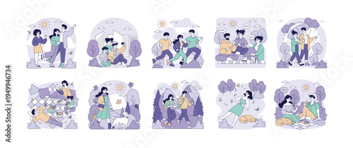Outdoor Activities Vector Illustrations with Happy Groups
