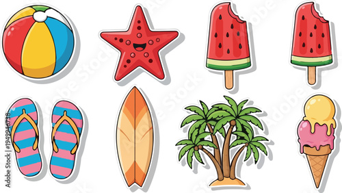 Cute Summer Beach Holiday Items Collection, Isolated Hand Drawn Illustrations isolated PNG with Transparent Background
