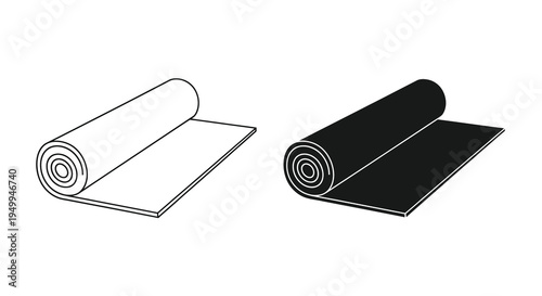 A simple black and white illustration depicts two rolled up carpets one light and one dark laid flat high quality professional detailed