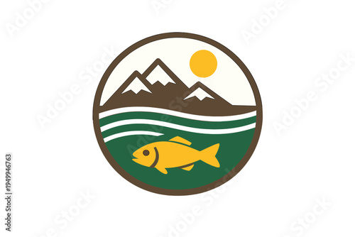 Minimalist circular logo design depicting a mountain range with snow