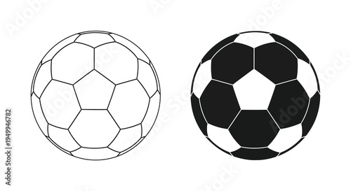 A simple black and white illustration depicts two soccer balls one outlined and one filled showcasing their pentagonal and hexagonal panel structure