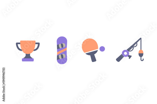 A set of four flat vector icons representing sports and hobbies