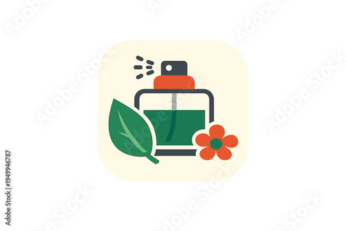 A flat vector illustration of a perfume bottle with a green leaf and