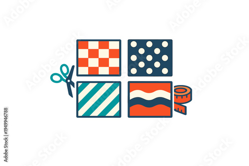 A flat vector illustration featuring four patterned fabric swatches