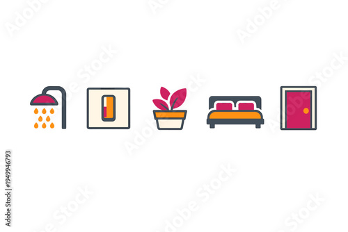 A collection of five flat design icons representing household items