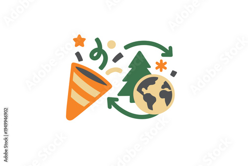 A flat vector illustration featuring a party popper with confetti, a