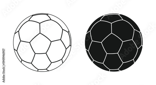 A stark black and white depiction showcases two soccer balls one with traditional paneling and the other fully shaded high quality
