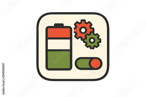 A flat vector icon featuring a vertical battery with red, white, and