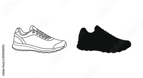 A minimalist depiction of a running shoe is shown in both a line drawing and a solid black silhouette