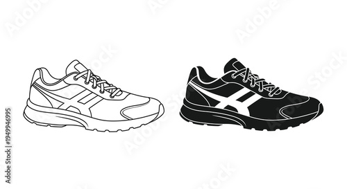 A pair of running shoes is depicted in a black and white illustration showcasing both a light and dark version of the design