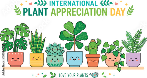 Cute Potted Plants Celebrating International Plant Appreciation Day with Kawaii Faces