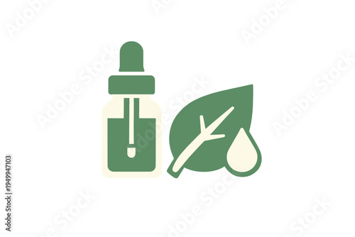 A flat vector illustration featuring a green dropper bottle for