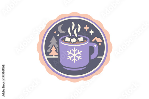 A cozy winter-themed vector badge featuring a purple mug of hot