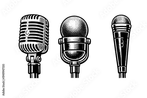 Three different retro microphone designs presented in a black and