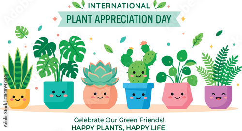 International Plant Appreciation Day banner with cute potted houseplants and smiling faces