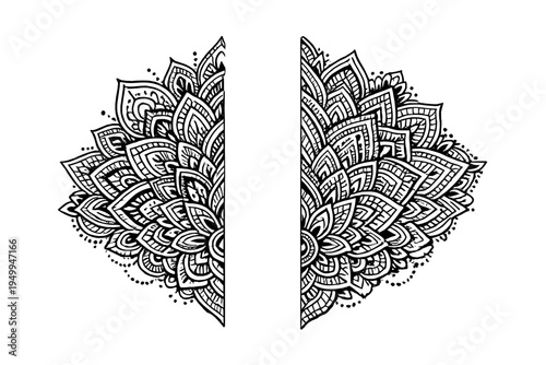 This vector illustration features a split mandala with detailed line