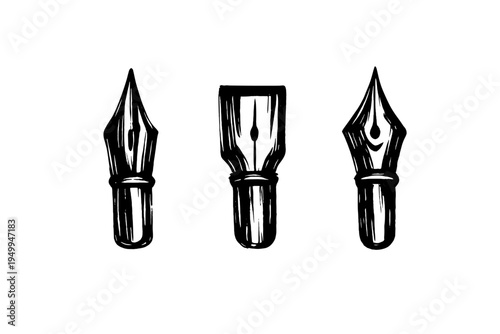 A set of three hand-drawn fountain pen nibs in a vintage ink style