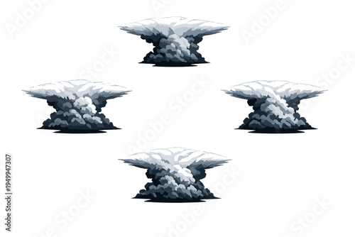 A set of four stylized mushroom cloud illustrations representing