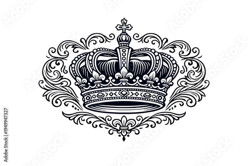 An ornate black and white vector illustration of a royal crown