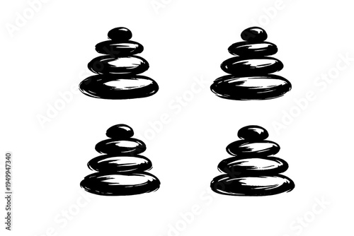 A set of four hand-drawn zen stone stacks in a minimalist black ink