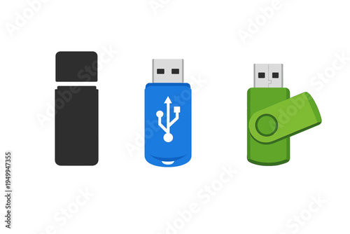 Vector illustration featuring three different USB flash drive designs