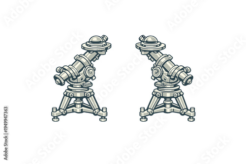 Detailed vector art depicting a pair of vintage theodolite surveying