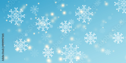 Cute falling snow flakes backdrop. Wintertime fleck ice shapes. Snowfall weather white teal blue illustration. Flat snowflakes february vector. Snow hurricane scenery.
