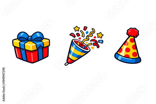 A collection of three colorful party stickers featuring a wrapped