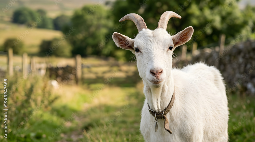 Fototapeta premium A docile white goat, wearing a simple collar, looks directly at the camera from its sunny green pasture habitat.