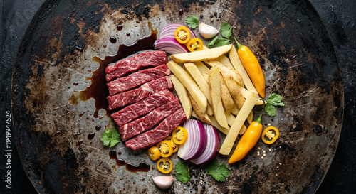 Top down view of raw Lomo Saltado ingredients on scorched wok steel