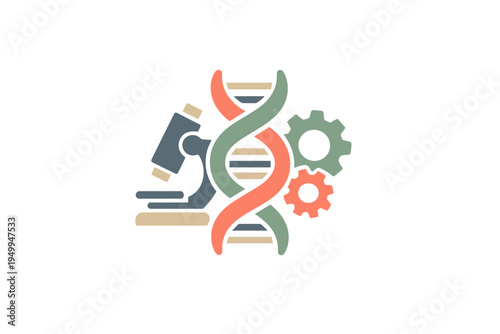Stylized vector icon of a DNA double helix flanked by a microscope