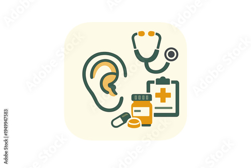 A flat vector illustration featuring medical icons for ear health