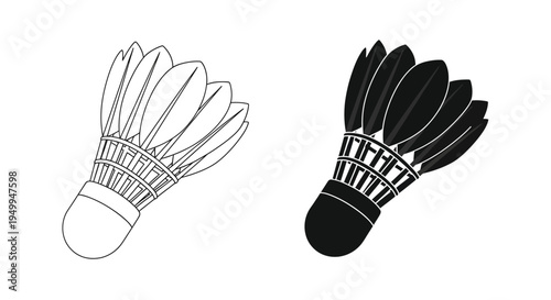 A minimalist black and white illustration depicts two badminton shuttlecocks showcasing their feathered and rounded forms high quality professional detailed modern
