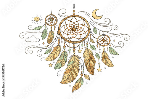 Whimsical vector illustration of three dreamcatchers decorated with